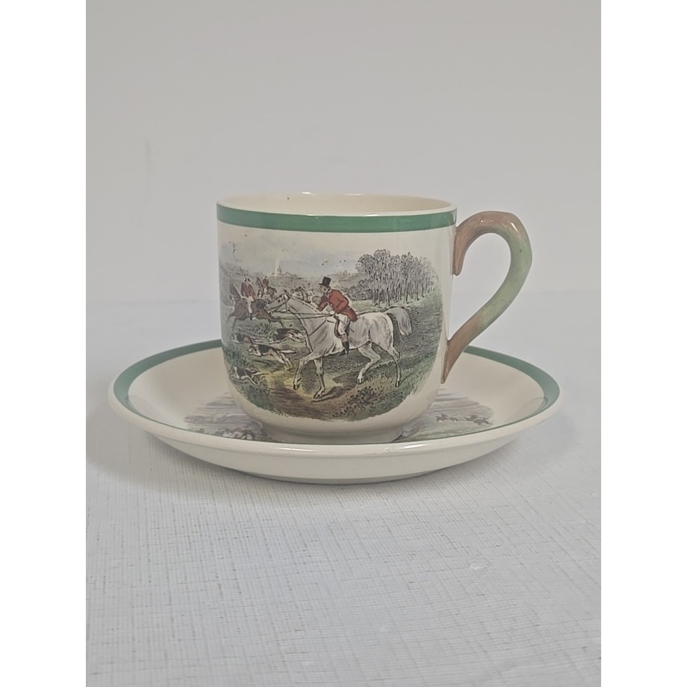 Copeland Spode England Herring Hunt Green #4 Footed Demitasse Cup and #2 Saucer